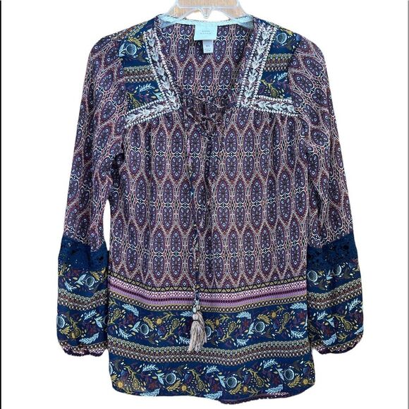 Knox Rose Tops - Knox Rose Semi Sheer Boho Peasant Crocheted Long Puff Sleeve Blouse